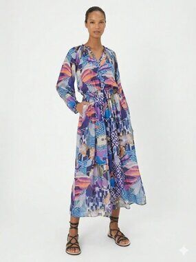 CHUFY Heidi Maxi Dress Violet Blue Print With Pockets Size Small Like New